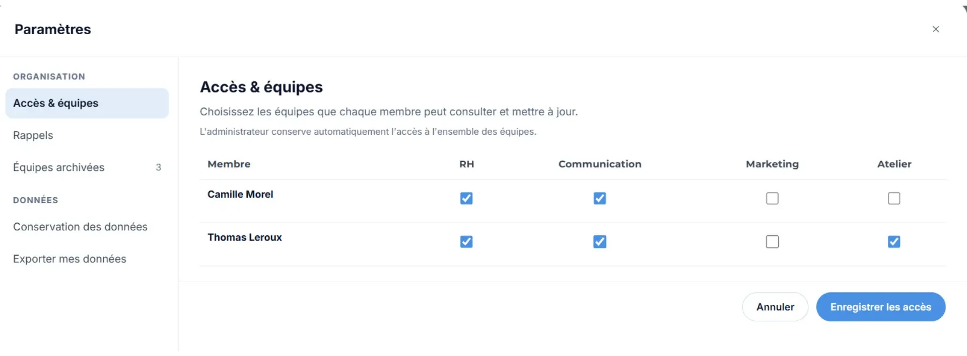 L’écran « Accès & équipes » d’INTEGORA : pour chaque membre, une case à cocher par équipe, et la mention que l’administrateur conserve automatiquement l’accès à l’ensemble des équipes.