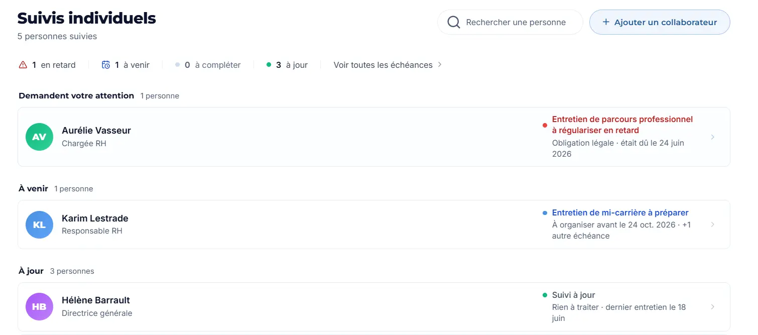 L’écran « Suivis individuels » d’INTEGORA : un entretien de parcours professionnel à régulariser en retard, un entretien de mi-carrière à préparer, et trois suivis à jour.