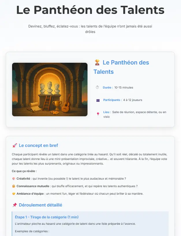 La fiche de l’activité « Le Panthéon des Talents » : son titre et son accroche, l’illustration, puis la durée, le nombre de participants et le lieu ; en dessous, le concept en bref, ce que l’activité révèle, et le début du déroulement détaillé étape par étape.