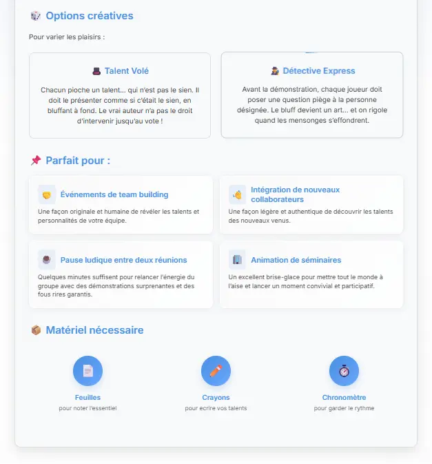 Le bas de la même fiche : les options créatives pour varier l’activité, les situations auxquelles elle convient — team building, intégration, pause entre deux réunions, séminaire — et le matériel nécessaire.