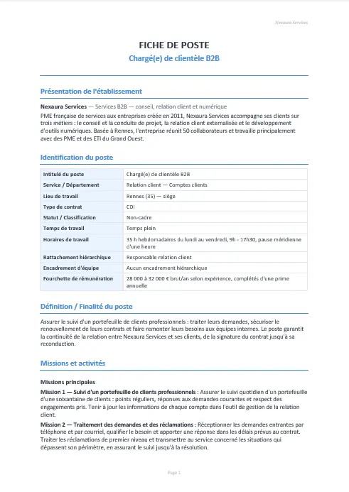 Page 1 de la fiche de poste générée au format Word : le titre, la présentation de l’établissement, le tableau d’identification du poste, sa finalité, puis le début des missions.