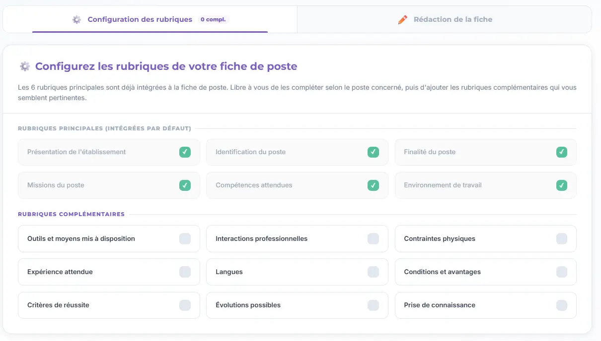 L’écran de configuration de la fiche de poste dans INTEGORA : les six rubriques principales déjà intégrées et cochées, puis les rubriques complémentaires que l’on active une à une.
