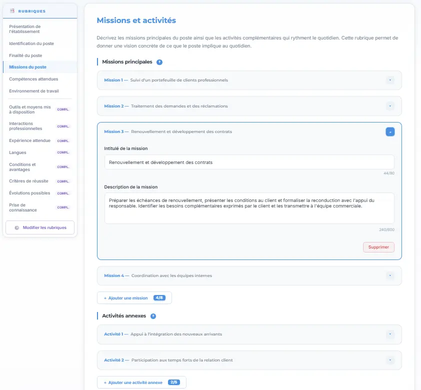 La rubrique « Missions et activités » de la même fiche : quatre missions repliables dont une ouverte avec son intitulé et sa description, puis les activités annexes, avec les compteurs du nombre de missions et d’activités ajoutées.