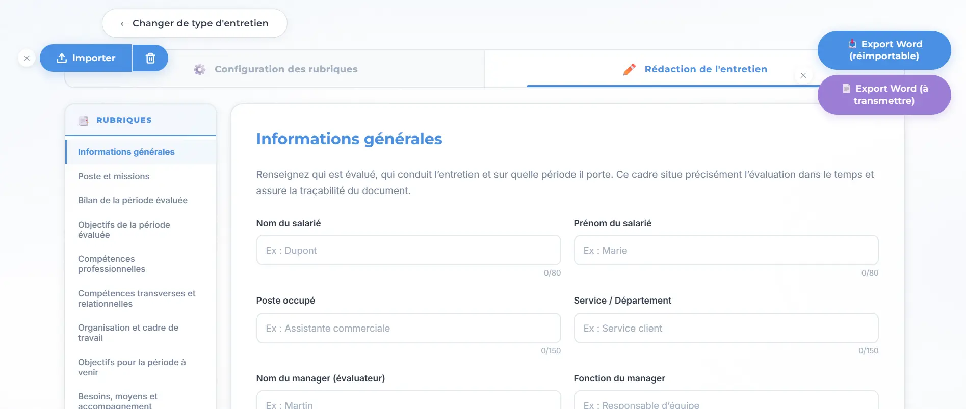 La trame d’entretien d’INTEGORA : à gauche la liste des rubriques, de « Informations générales » à « Besoins, moyens et accompagnement » ; à droite la rubrique en cours de rédaction avec ses champs ; en haut les onglets Configuration des rubriques et Rédaction, et les deux exports Word.