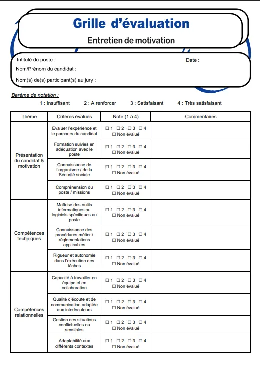 La grille d’évaluation d’un entretien de motivation : l’en-tête à renseigner, le barème de notation de 1 à 4, puis les critères regroupés par thème — présentation et motivation, compétences techniques, compétences relationnelles — chacun avec sa note et sa colonne de commentaires.